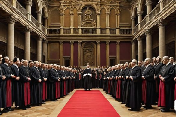 un grup d'homes amb túnica negra i vermella dempeus en una sala amb una catifa vermella a terra, Andreas Gursky, imatge promocional, una foto, manierisme