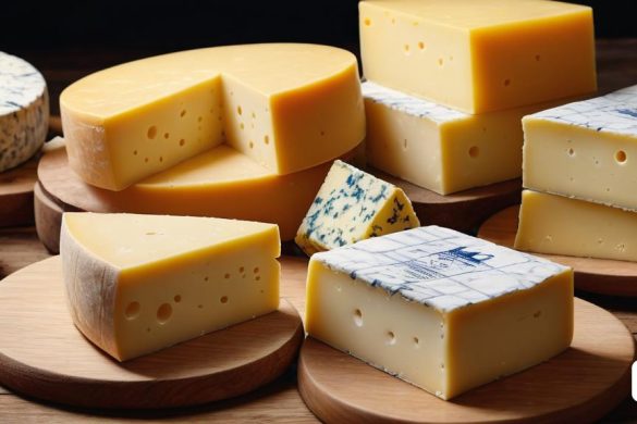 un grup de formatges asseguts a sobre de plats de fusta sobre una taula amb rodanxes de formatge al costat i rodanxes de formatge al costat, burgès, fotografia d'aliments professional, una foto d'estoc, de stijl