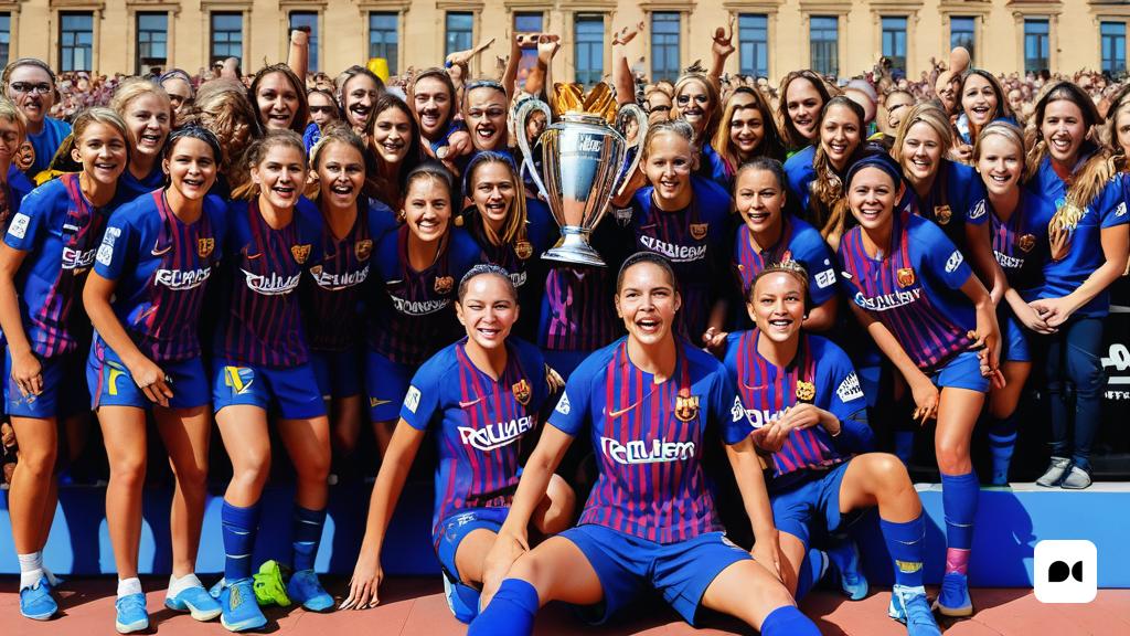un grup de futbolistes posant per a una fotografia amb un trofeu davant d'un edifici amb una multitud de gent, Carles Delclaux Is, mitjans oficials, un cartell, incoherents