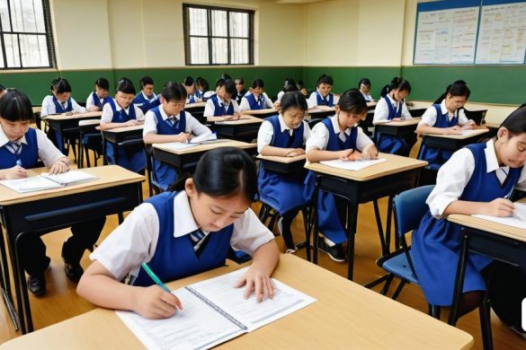 un grup de noies assegudes als escriptoris d'una aula escrivint en paper amb un llapis a les mans, Cui Bai, imatge promocional, una foto d'estoc, escola del nord-oest