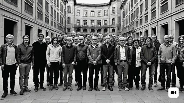 un grup de persones a un pati al costat de l'altre en una foto en blanc i negre amb edificis al fons, David Chipperfield, pintura a l'oli renaixentista, un barroc flamenc, art acadèmic