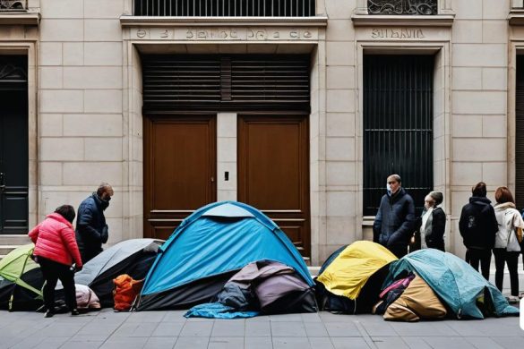 un grup de persones al voltant d'un grup de tendes a la vorera d'un carrer de la ciutat amb gent al voltant, Ai Weiwei, distòpia, una foto microscòpica, neoisme