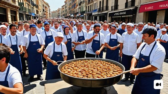 un grup de persones al voltant d'una gran paella de menjar a la cantonada d'un carrer amb una multitud de gent al fons, Carpoforo Tencalla, proporcions èpiques, un pastel, massurisme