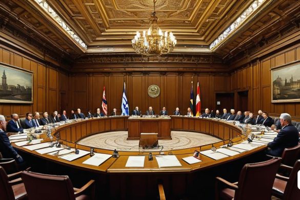 un grup de persones assegudes al voltant d'una taula gran en una habitació amb pintures a les parets i un canelobre, Apelles, equilibri simètric, una foto de desplaçament d'inclinació, neoisme