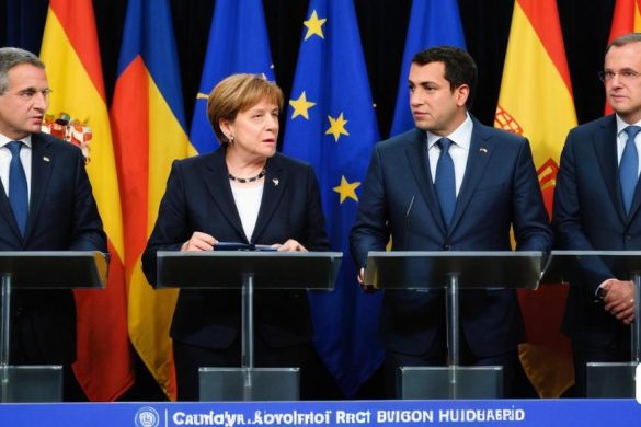 un grup de persones dempeus en un podi davant de banderes i banderes darrere d'ells són dos homes i una dona, secessió de Berlín, un holograma, vores contundents, Enguerrand Quarton