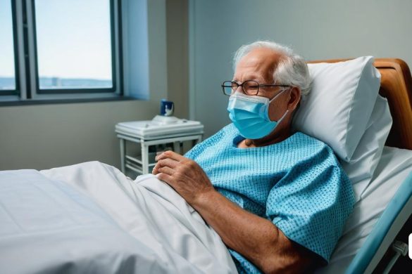 un home al llit d'hospital amb una màscara facial i amb un termòmetre a la mà mentre mira per la finestra, Arlington Nelson Lindenmuth, biopunk, una foto d'estoc, neoplasticisme