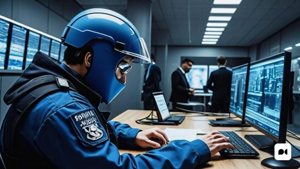 un home amb un uniforme blau està treballant en un ordinador en una habitació amb altres persones al fons, Arvid Nyholm, vfx, una foto d'estoc, futurisme