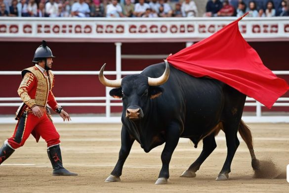 un home amb vestit vermell passeja un toro en un anell amb una capa vermella al cap, Corneille, uhd 8 k, una foto, incoherents