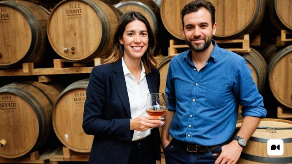 un home i una dona al costat d'un munt de bótes de vi en un celler amb una copa de vi, Eva Gonzalès, fotografia professional, retrat d'un personatge, premsa privada