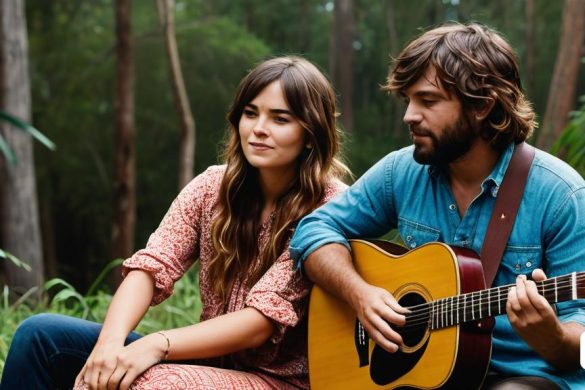 un home i una dona asseguts en un tronc tocant la guitarra junts al bosc amb falgueres darrere d'ells i un fons de bosc, Elizabeth Durack, imatge promocional, una foto, premsa privada
