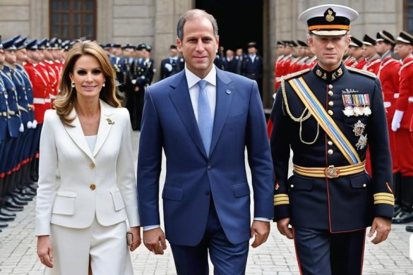 un home i una dona caminant davant d'un grup militar d'homes amb uniforme i vestit formal, Florence Engelbach, simetria perfecta, un barroc flamenc, gòtic internacional