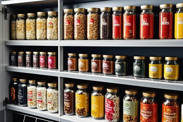 un prestatge ple de molts tipus diferents d'aliments i recipients de menjar als seus costats, Andreas Gursky, cgstudio, renderització en 3D, fotorealisme