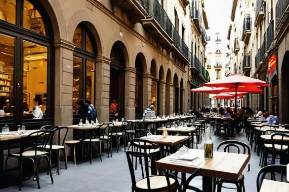 un restaurant amb taules i cadires i un paraigua al mig del carrer amb gent asseguda a taules, Enguerrand Quarton, colors saturats, una representació digital, romànic