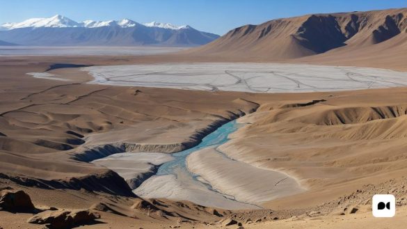 un riu en un desert amb muntanyes al fons i un cel blau a la distància amb uns quants núvols, Amir Zand, mapes de to, una pintura mat detallada, art i llenguatge