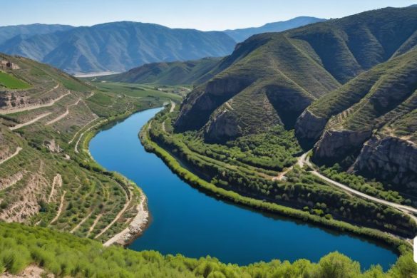 un riu que travessa una vall verda exuberant al costat de muntanyes i una carretera al costat amb un pont, Carlos Trillo Nom, riu, una pintura mat detallada, incoherents