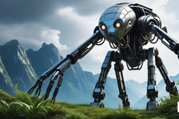 un robot gegant de peu en un camp amb muntanyes al fons i núvols al cel a sobre, amb una bombeta al cap, Beeple, cryengine, renderització d'un ordinador, art informàtic