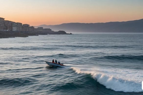 un vaixell està a l'aigua prop d'una ciutat i una platja al capvespre o a l'alba amb unes quantes persones a dins, Cui Bai, fotografia cinematogràfica, fotografia d'estoc, regionalisme