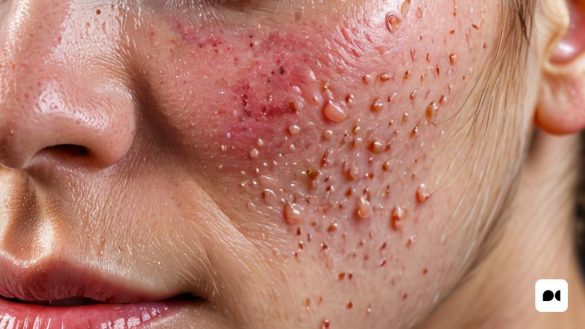 una dona amb acne a la cara i molts cops a la galta i la zona de les galtes, Constant Permeke, pell de la vida real, una foto d'estoc, neoplasticisme