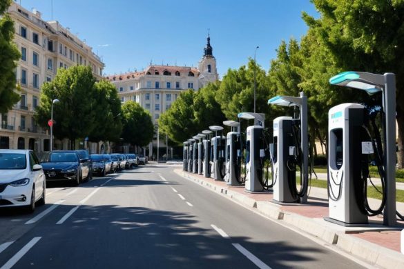 una fila de cotxes elèctrics aparcats al llarg d'un carrer d'una ciutat amb edificis alts al fons i una filera de cotxes aparcats al costat del carrer, incoherents, una representació digital, solarpunk, Edi Rama