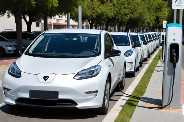 una fila de cotxes elèctrics aparcats l'un al costat de l'altre en un carrer amb arbres al fons i una persona que passa, les automatistes, una foto d'estoc, solarpunk, Évariste Vital Luminais