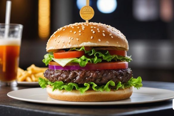una hamburguesa amb enciam, tomàquet, ceba i formatge en un plat al costat d'un got de cervesa, Andries Stock, renderització de qualitat del motor irreal 5, renderització en 3D, hiperrealisme