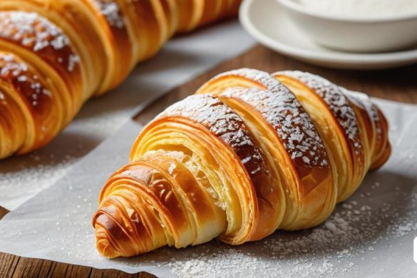 una pastisseria amb sucre en pols a sobre sobre una taula al costat d'un bol de nata i un plat de pa, Bálint Kiss, fotografia d'aliments professional, una fotografia d'estoc, hiperrealisme