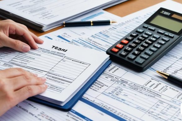 una persona està omplint un formulari fiscal amb una calculadora i un bolígraf a un escriptori amb una calculadora i un bolígraf, Avgust Černigoj, foto professional, una foto d'estoc, incoherents