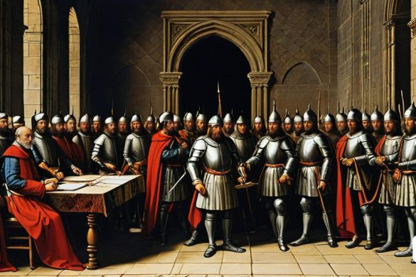 una pintura d'un grup d'homes amb armadura al voltant d'una taula amb un home amb una capa vermella, Bernard van Orley, pintura a l'oli renaixentista, una pintura detallada, antípodes
