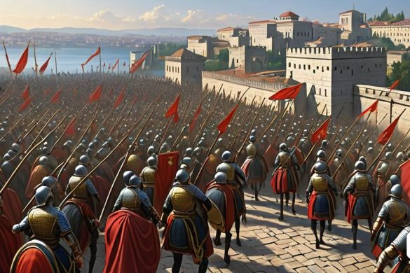 una pintura d'un grup d'homes amb armadura amb banderes vermelles i espases davant d'una muralla de la ciutat, Christophe Vacher, pintura mate cinematogràfica, una pintura mate detallada, antípodes