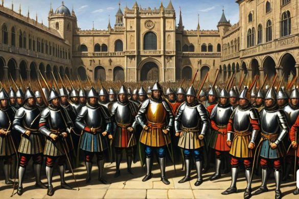 una pintura d'un grup d'homes amb armadura de peu davant d'un edifici semblant a un castell amb una torre del rellotge, Edward Otho Cresap Ord, II, medieval, art conceptual, antípodes