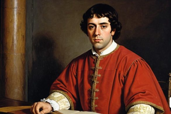 una pintura d'un home amb una túnica vermella assegut a un escriptori amb un llibre a la mà i un bolígraf a la mà, Dosso Dossi, pintura a l'oli renaixentista, una pintura, manierisme