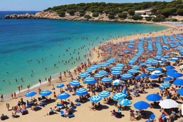 una platja plena de gent amb para-sols blaus als costats i un oceà blau al fons, Andreas Gursky, mapes de to, una foto microscòpica, precisió