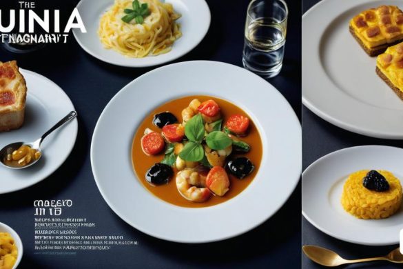 una portada de revista amb un plat de menjar i un bol de sopa a la taula amb una forquilla i una cullera, Charles Roka, fotografia professional d'aliments, un pòster, estil tipogràfic internacional