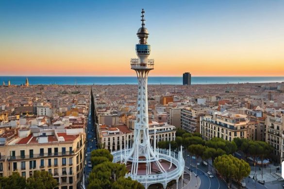 una torre alta amb un rellotge al damunt prop de l'horitzó de la ciutat al capvespre o a l'alba amb vista sobre l'oceà, Carles Delclaux Is, vista panoràmica, una foto de desplaçament d'inclinació, regionalisme
