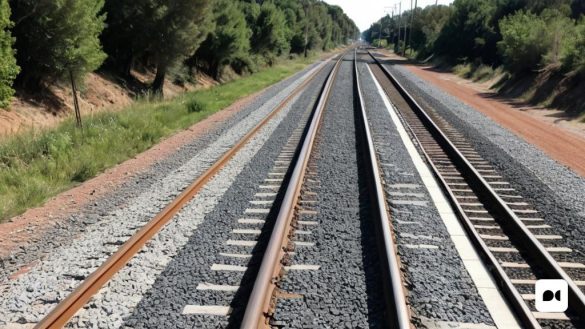 una via de tren amb un tren en una de les vies i arbres a l'altre costat de la via, Bouchta El Hayani, ue 5, una foto, superplana