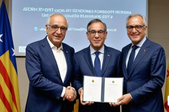 dos homes amb vestit i corbata sostenint una placa davant de banderes i una pantalla de projector amb una pantalla de projector, Avgust Černigoj, mitjans oficials, una foto d'estoc, incoherents