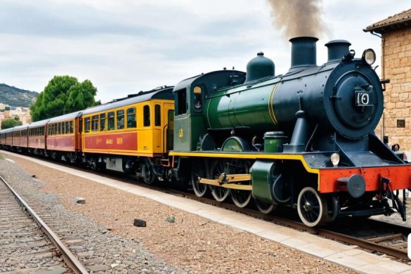 hi ha un tren a les vies prop d'un edifici i gent que camina per la vorera prop d'ell i un edifici amb un rellotge, Andries Stock, steampunk, una representació digital, moviment d'arts i manualitats
