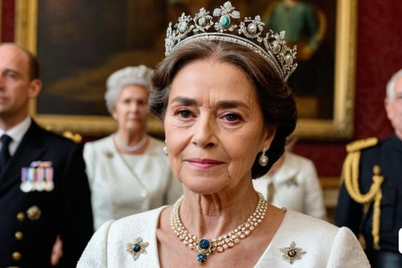 la reina Isabel d'Anglaterra amb tiara i perles amb altres homes d'uniforme al fons, en una habitació senyorial, Eva Gonzalès, joies, un barroc flamenc, incoherents