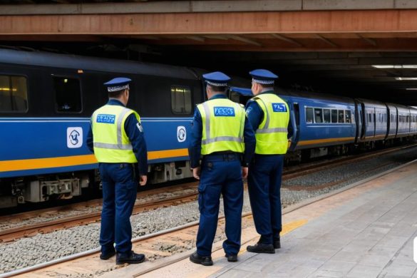 tres homes amb uniformes blaus al costat d'un tren a les vies d'una estació de tren amb un tren que passa, Avgust Černigoj, foto professional, una foto d'estoc, neoisme