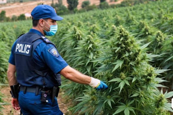un agent de policia amb mascareta i guants en un camp de plantes de marihuana amb un agent de policia al fons, Bela Čikoš Sesija, fronteres contundents, una foto d'estoc, les nabis