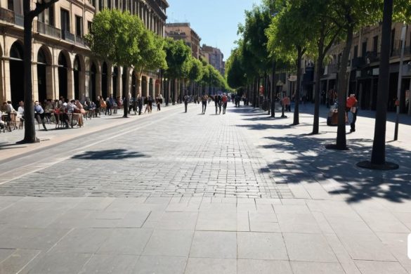 un carrer amb gent asseguda a taules i caminant per ell amb arbres vorejant els costats del carrer i una filera de cotxes aparcats, Enguerrand Quarton, tone mapping, una foto, superplana