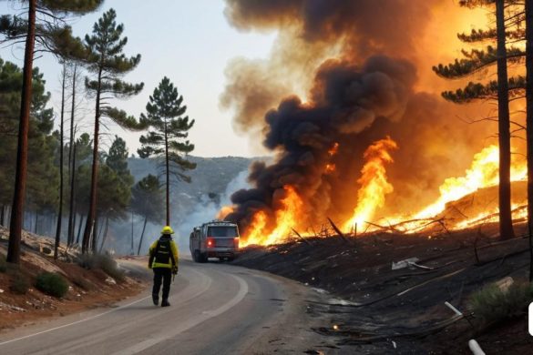 un foc crema a la distància darrere d'un camió en una carretera amb un home amb una jaqueta groga, Bouchta El Hayani, foc, una foto d'estoc, art ambiental