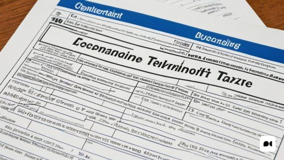 un formulari fiscal assegut a sobre d'una taula de fusta al costat d'un bolígraf i paper amb un formulari fiscal, Domirinic Fegallia, coherent, una foto d'estoc, estil tipogràfic internacional