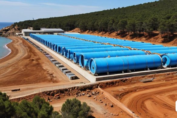 un gran dipòsit blau assegut al damunt d'un camp de terra al costat d'una massa d'aigua i un bosc, Arthur B. Carles, aigua, una foto de desplaçament d'inclinació, incoherents