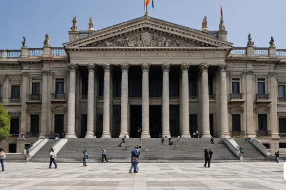 un gran edifici amb molts pilars i gent al davant i una bandera al damunt, David Chipperfield, vista panoràmica, una pintura mate detallada, neoclassicisme