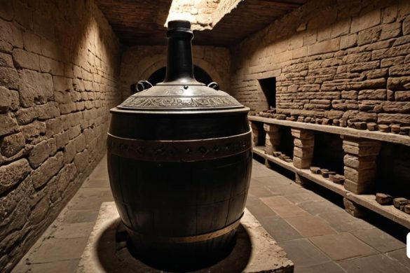 un gran gerro negre assegut en una habitació de pedra al costat d'una paret de maó i prestatges de prestatgeries amb llibres, Cao Zhibai, mapes de to, art egipci, romànic