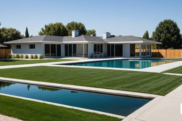 un gran pati del darrere amb una piscina i una casa al fons amb un pati tancat i una piscina en primer pla, David Chipperfield, modern, una representació digital, modernisme