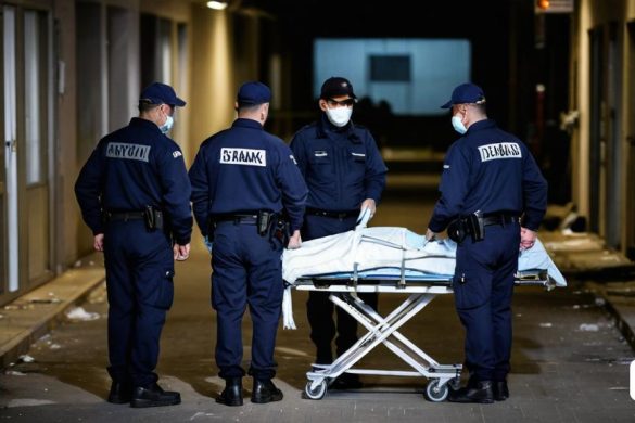 un grup d'agents de policia al voltant d'un home en una camilla en un passadís amb un edifici al fons, Edi Rama, escena d'acció, trencaclosques, accionisme vienès