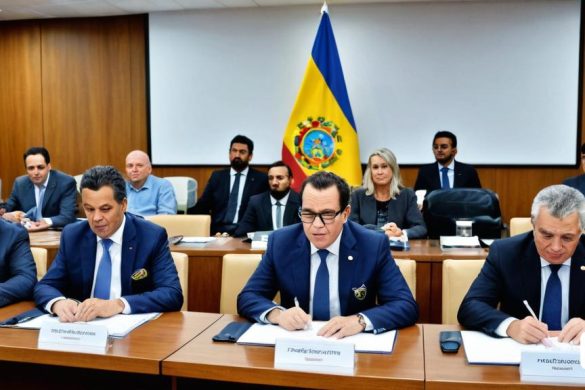 un grup d'homes asseguts a una taula amb papers i bolígrafs al davant i una bandera al fons, nom de Carlos Trillo, mitjans oficials, renderització digital, escola del Danubi