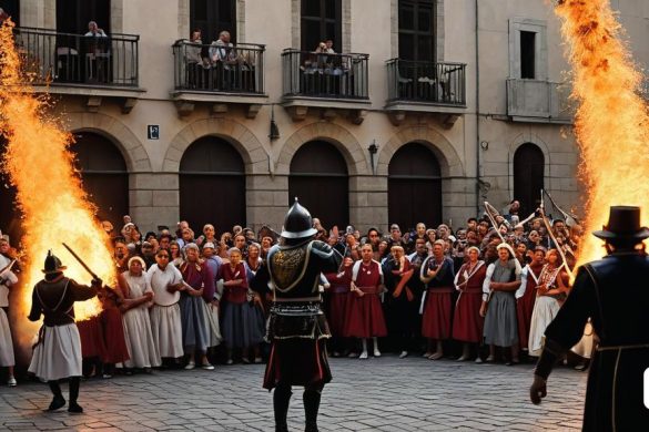 un grup de persones al voltant d'un foguero amb la gent mirant-los al fons i un home amb un vestit en flames, Carlo Carrà, imatge promocional, una foto, els automatistes